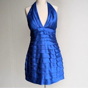 Vintage Blue Satin Tiered Halter Dress